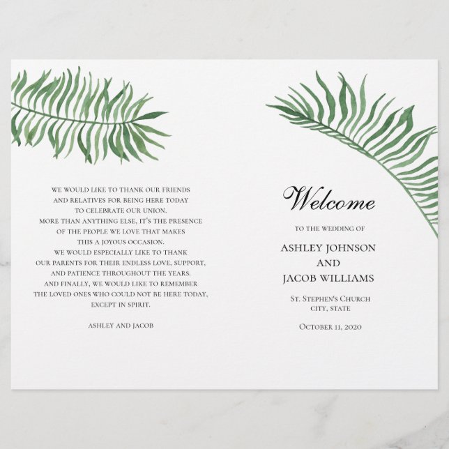 Programa de boda de verano tropical. Hojas verdes (Anverso)