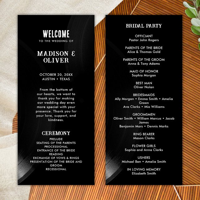 Programa de Boda de Vinilo Retro en Blanco y Negro (Front/Back)