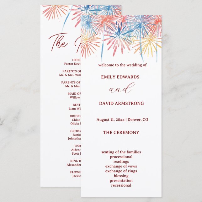 Programa de Boda del 4 de Julio con Fuegos Artific (Anverso / Reverso)