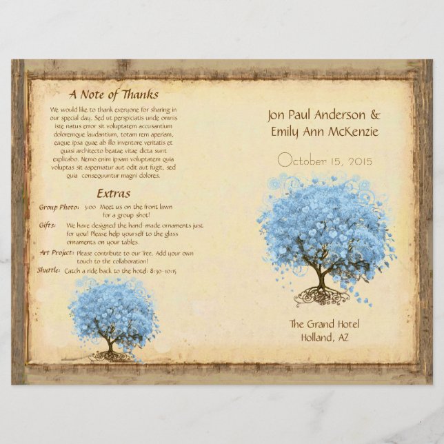 Programa de Boda del Árbol de Hoja de Corazón Azul (Anverso)