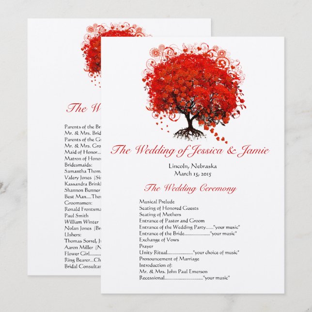 Programa de Boda del Árbol de Hoja de Corazón Rojo (Anverso / Reverso)