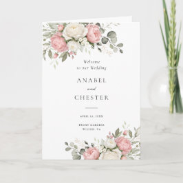 Programa de Boda Doblado con Verde y Rosa Floral