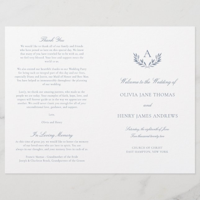 Programa de Boda Doblado Olivia Elegante Polvo Azu (Anverso)