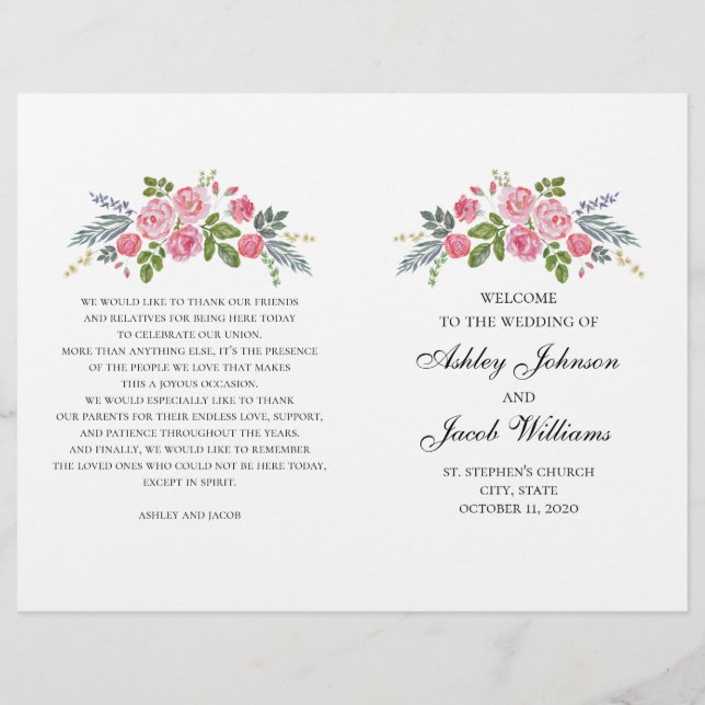 Programa de boda doblado. Rosas rosadas. Flores de (Anverso)