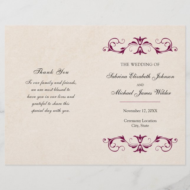Programa de Boda Doble Burgundy | Fondo Beige (Anverso)