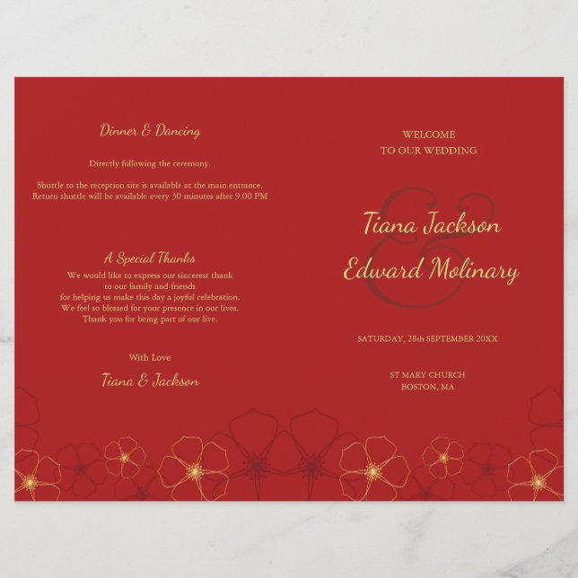 Programa de Boda Doble Flor de Cerezo Dorado Rojo (Anverso)