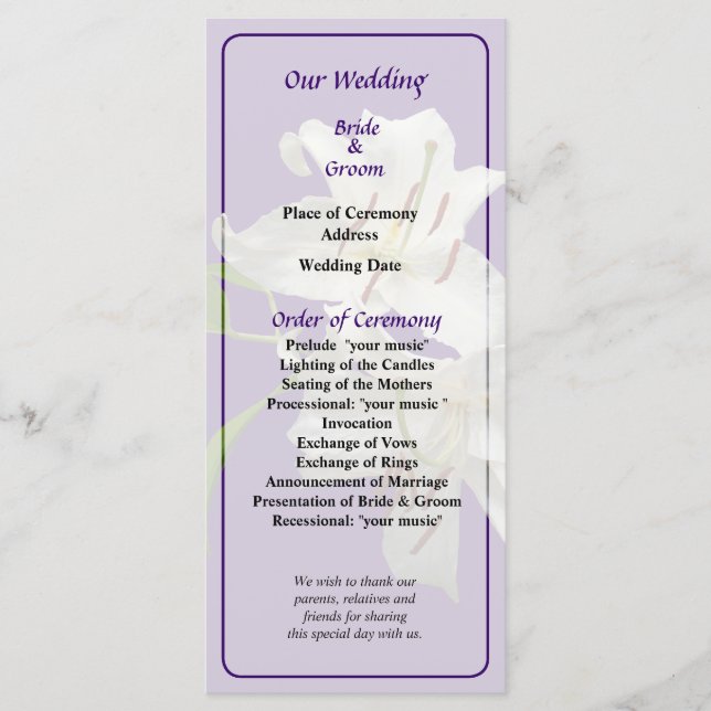 Programa de Boda Dos Lirios Blancos (Anverso)
