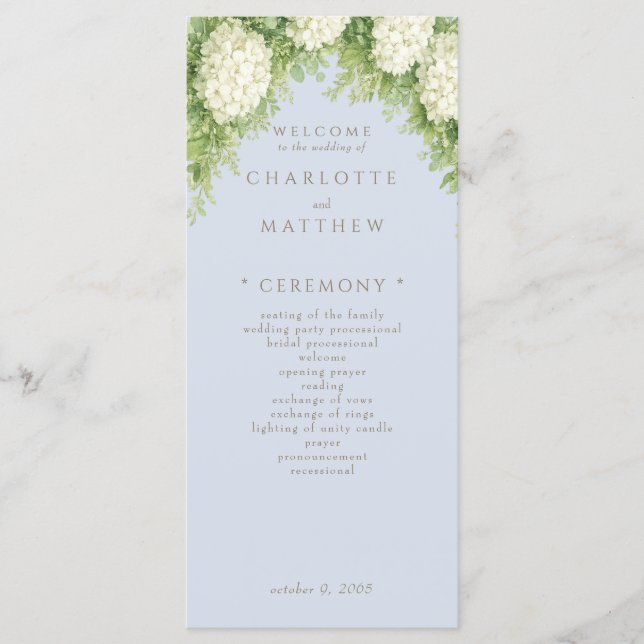 Programa de Boda Dusty Blue con Hortensias Blancas (Anverso)