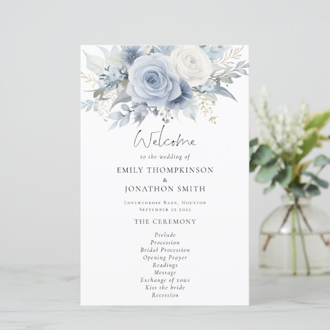 Programa de Boda Dusty Blue Florals (Anverso de pie)