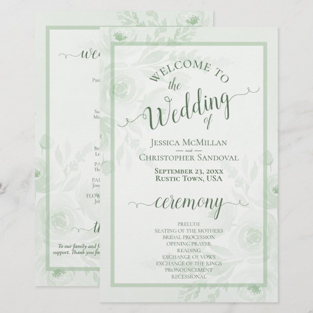 Programa de Boda Económico con Peonías Boho Verde  (Anverso / Reverso)