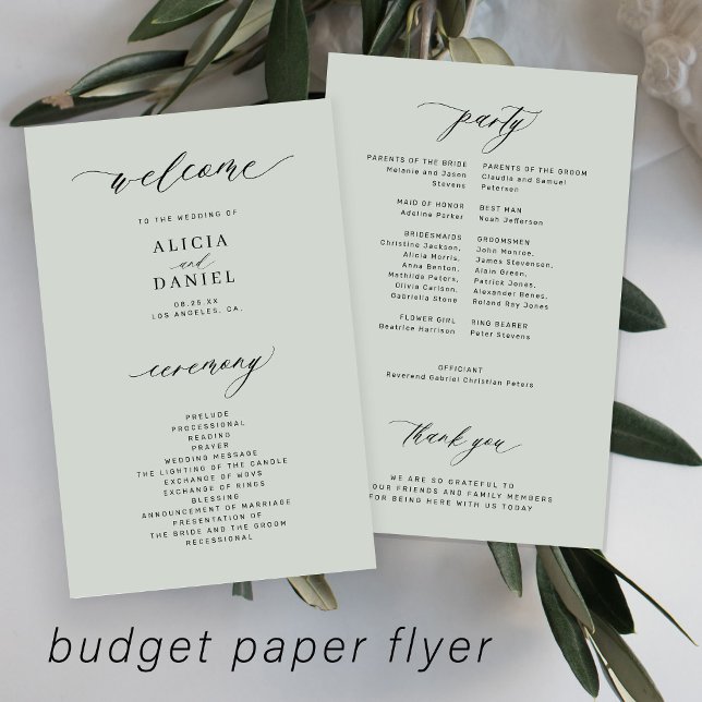 Programa de boda económico elegante verde salvia (Subido por el creador)