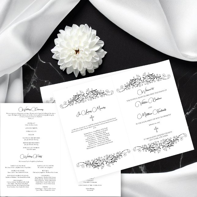 Programa de Boda Elegancia con Floreo en Blanco y  (Black and White Flourish Elegance folded wedding program to give out to your wedding guests.)
