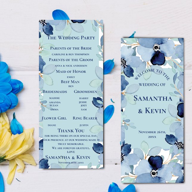 Programa de boda Elegante con acuarela azul Floral (Elegant Watercolor Blue Floral wedding Program)