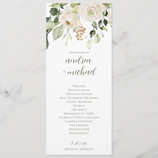 Programa de Boda Elegante con Floral Blanco y Verd (Anverso)