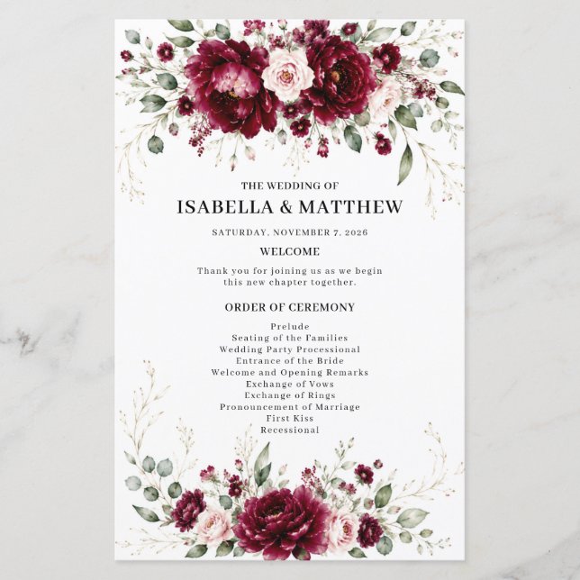 Programa de Boda Elegante con Floral de Borgoña (Anverso)