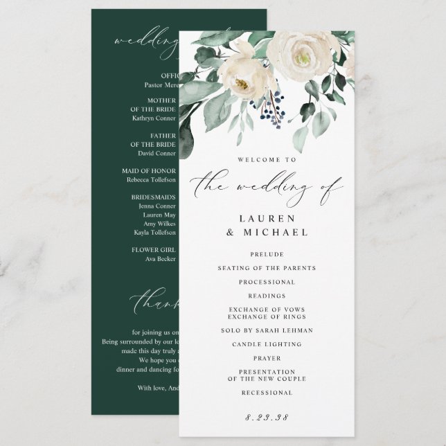 Programa de Boda Elegante con Follaje Verde Blanco (Anverso / Reverso)
