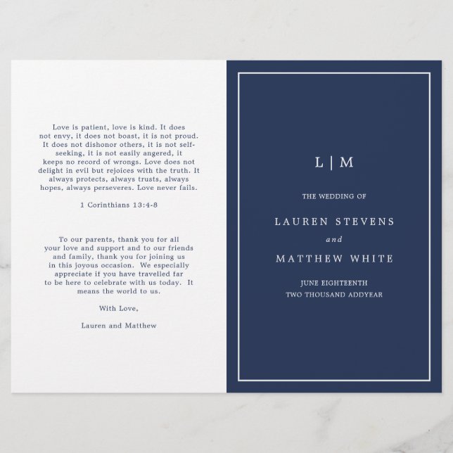 Programa de Boda Elegante con Monograma Azul Marin (Anverso)