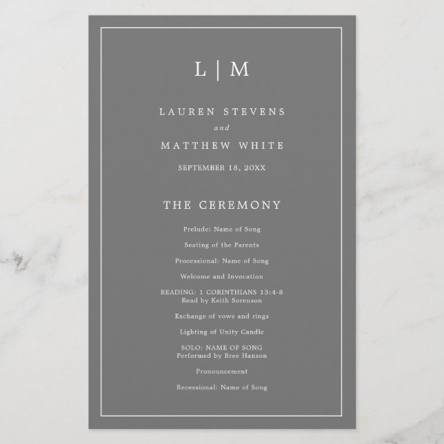 Programa de Boda Elegante con Monograma Gris Oscur (Anverso)