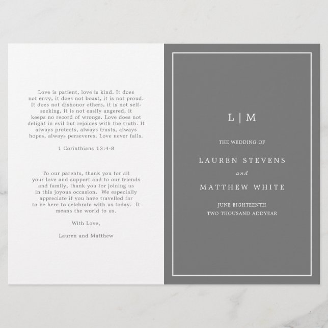 Programa de Boda Elegante con Monograma Gris Oscur (Anverso)