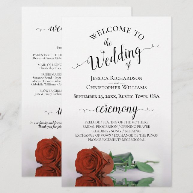 Programa de Boda Elegante con Rosa Naranja Óxido P (Anverso / Reverso)