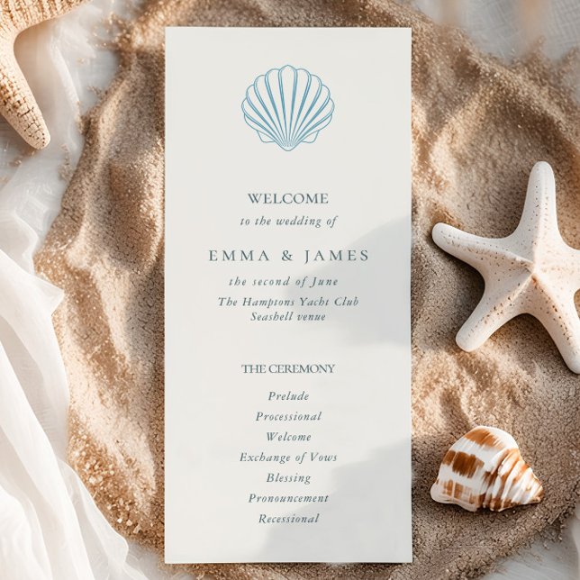 Programa de Boda Elegante Concha Azul Costera (Elegant Coastal Blue Seashell Wedding Program)