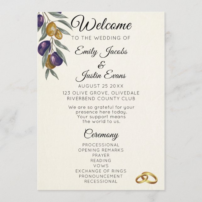 Programa de Boda Elegante de Acuarela Oliva (Anverso)