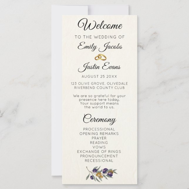 Programa de Boda Elegante de Acuarela Oliva (Anverso)