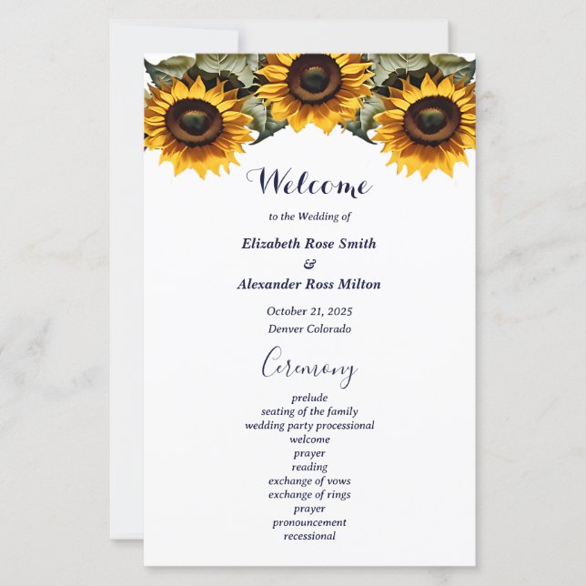 Programa de boda elegante de girasol amarillo (Anverso)