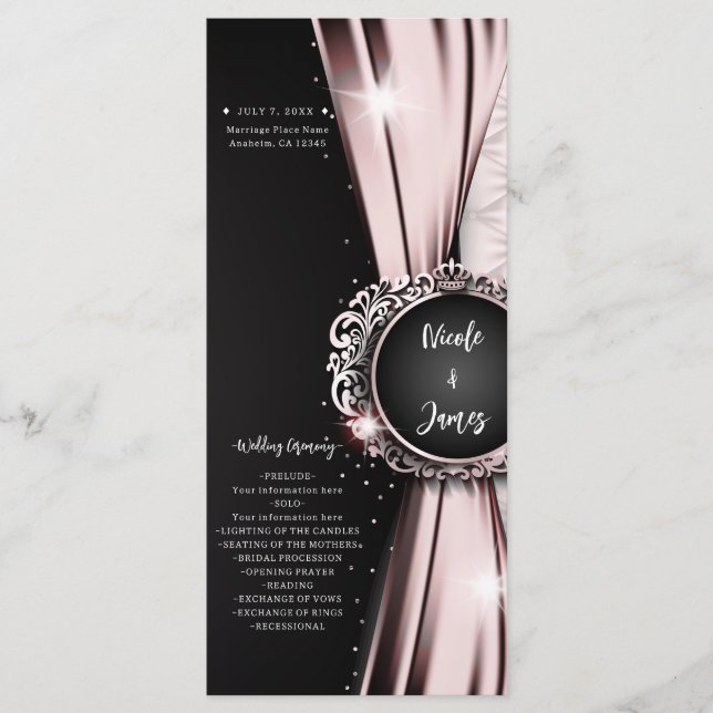 Programa de Boda Elegante de Lujo Rosa y Negro (Anverso)