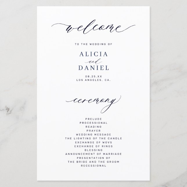 Programa de boda elegante de presupuesto azul mari (Anverso)