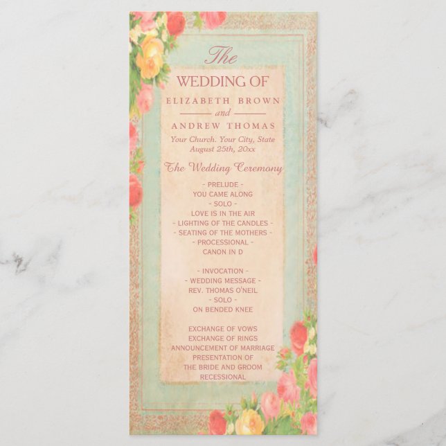 Programa de Boda Elegante de Rosas Vintage (Anverso)