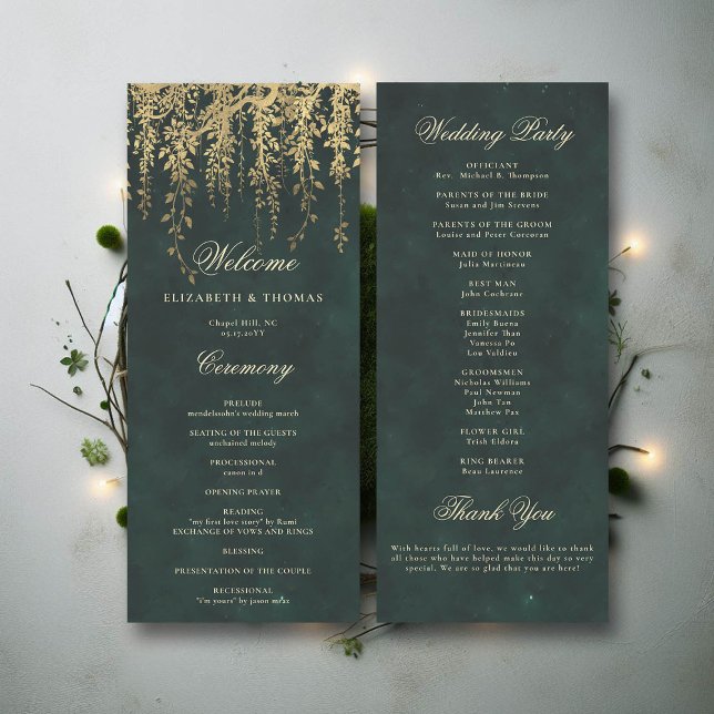 Programa de Boda Elegante de Vino de Oro Forestal  (wedding program ceremony card enchanted forest fairytale gold vines calligraphy)
