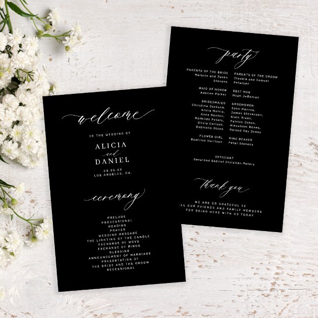 Programa de boda elegante en blanco y negro económ (Subido por el creador)