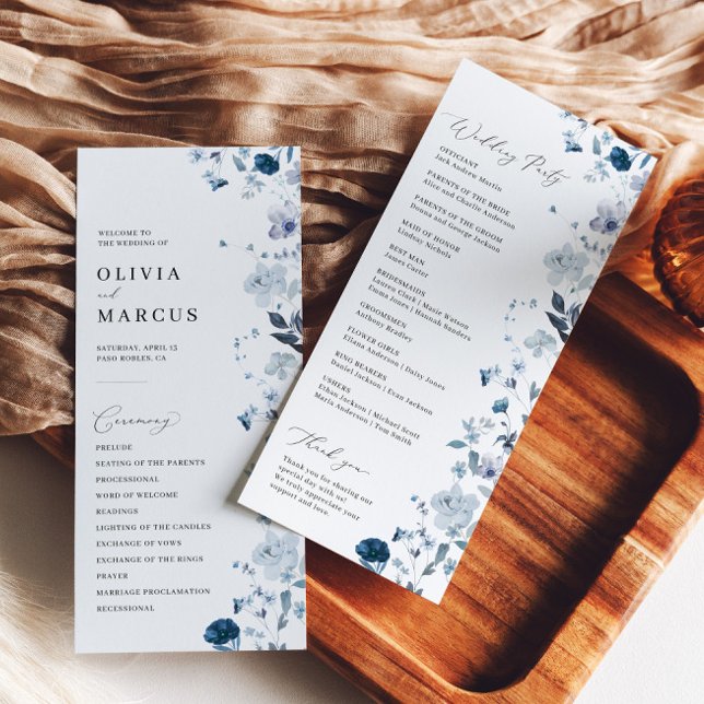 Programa de Boda Elegante Flor Silvestre Boho Azul (Front/Back)