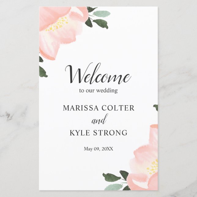 Programa de boda elegante floral acuarela rosa (Anverso)