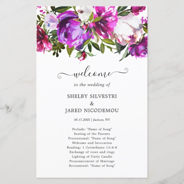 Programa de Boda Elegante Floral Púrpura Vibrante (Anverso)