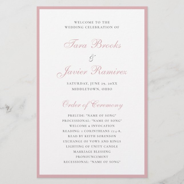 Programa de Boda Elegante Formal Presupuesto Rosa  (Frente)