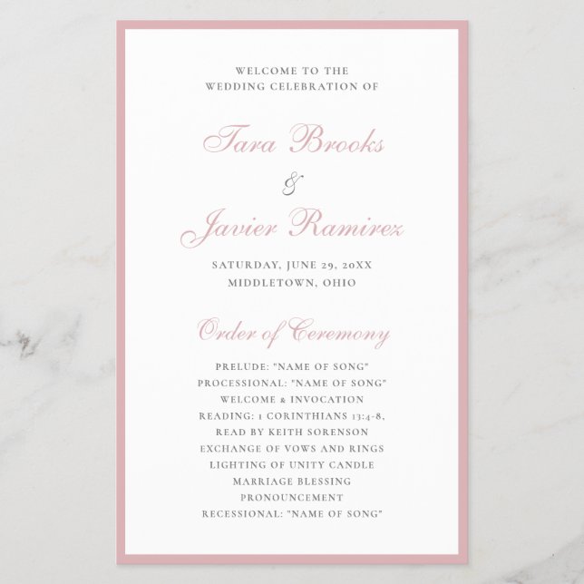 Programa de Boda Elegante Formal Presupuesto Rosa  (Frente)