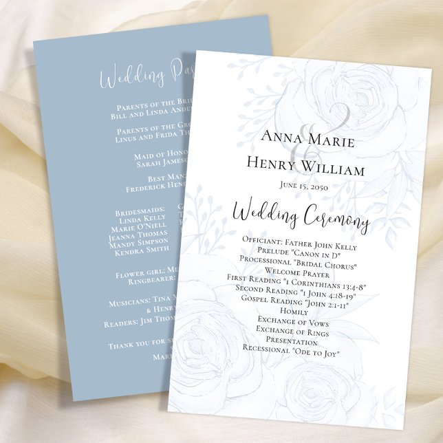 Programa de Boda Elegante Guión Floral Azul (Blue floral wedding ceremony paper sheet program with a dusty blue background. )