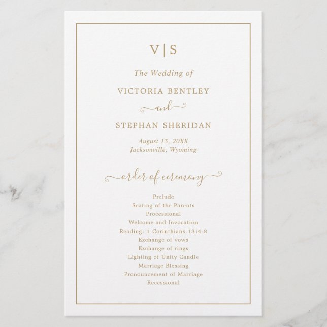 Programa de Boda Elegante Monograma de Oro Tradici (Anverso)