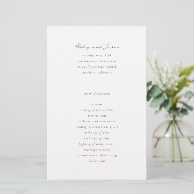 Programa de Boda Elegante Morado Limpio (Anverso de pie)