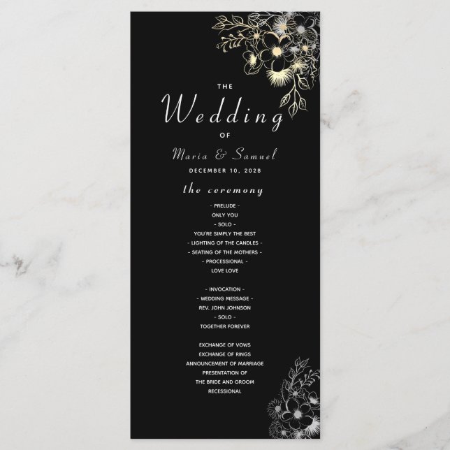 Programa de Boda Elegante Negro y Dorado (Anverso)