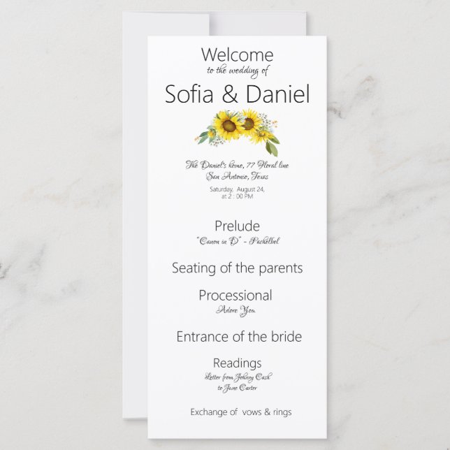 Programa de boda elegante para el girasol Tarjeta  (Anverso)