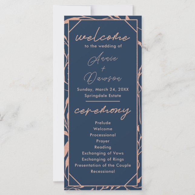 Programa de Boda Elegante Rosa Dorado y Azul Marin (Anverso)