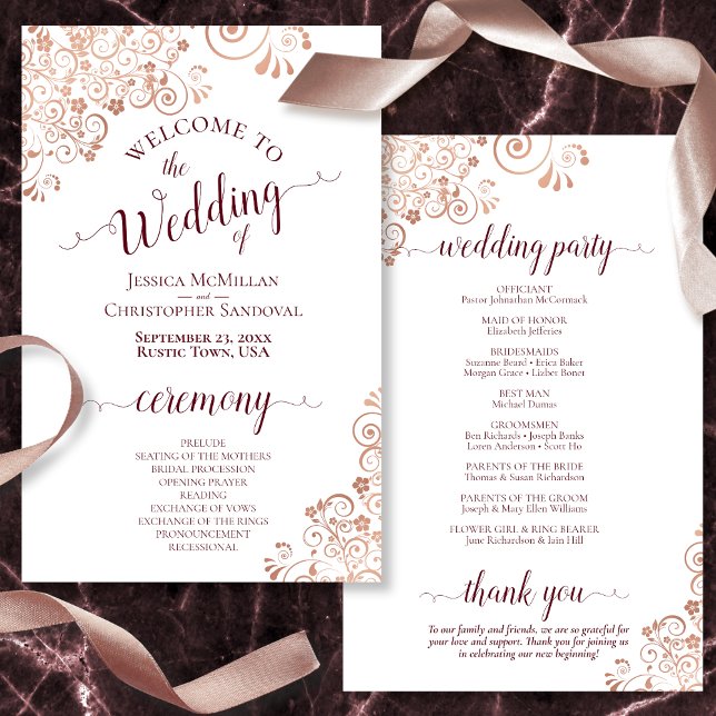 Programa de Boda Elegante Rosa Dorado y Burgundy P (Subido por el creador)
