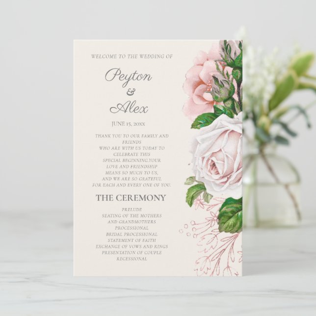 Programa de Boda Elegante Rosa Floral Crema (Anverso de pie)