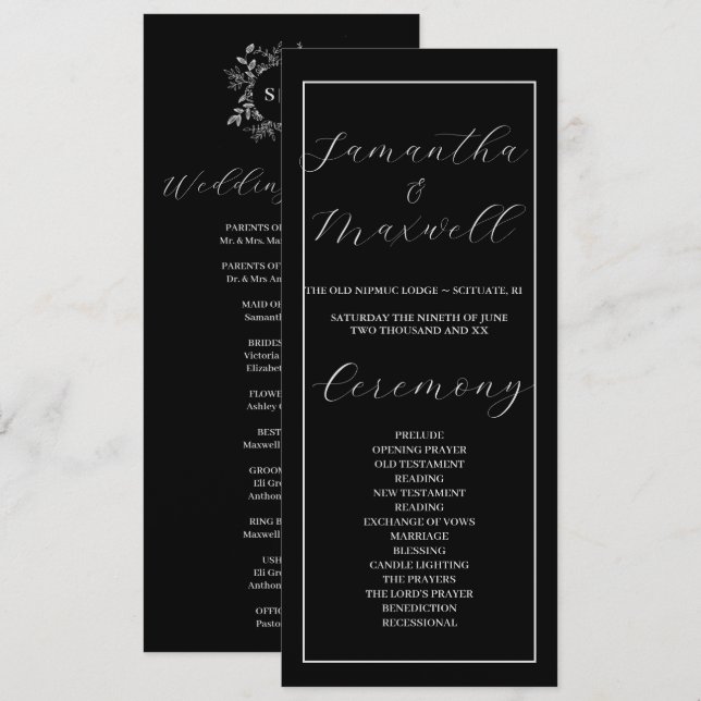 Programa de Boda Elegante y Negro de Lujo (Anverso / Reverso)