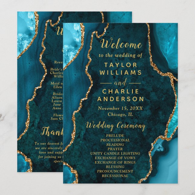 Programa de Boda en Ágata Azul Teal y Dorado (Anverso / Reverso)
