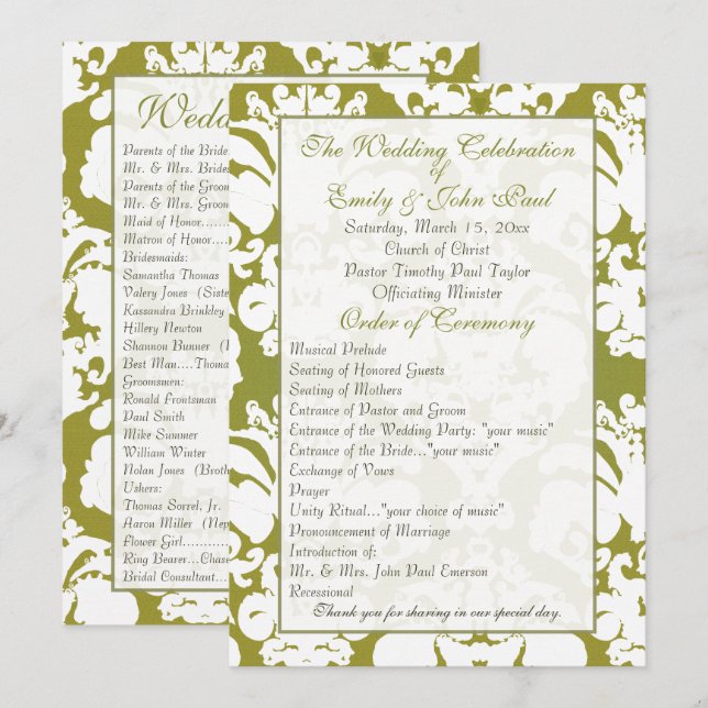 Programa de Boda en Damasco Verde Oliva (Anverso / Reverso)