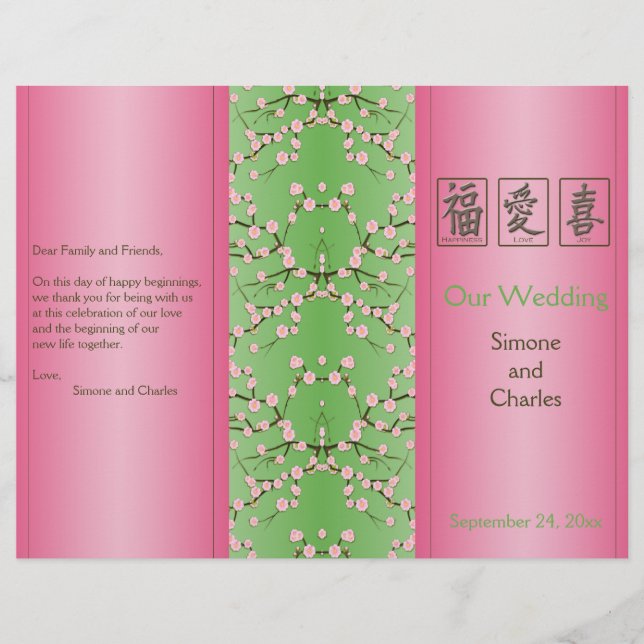 Programa de Boda en Flores de Cerezo Rosa y Verde (Anverso)